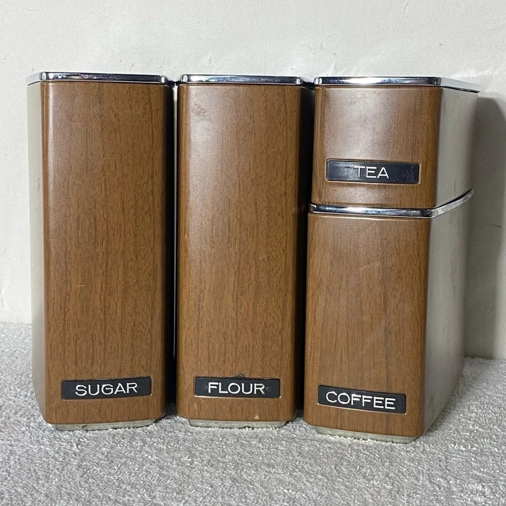 Vintage GSW MCM Faux Wood Metal Canister Set  Sugar Flour Coffee Tea